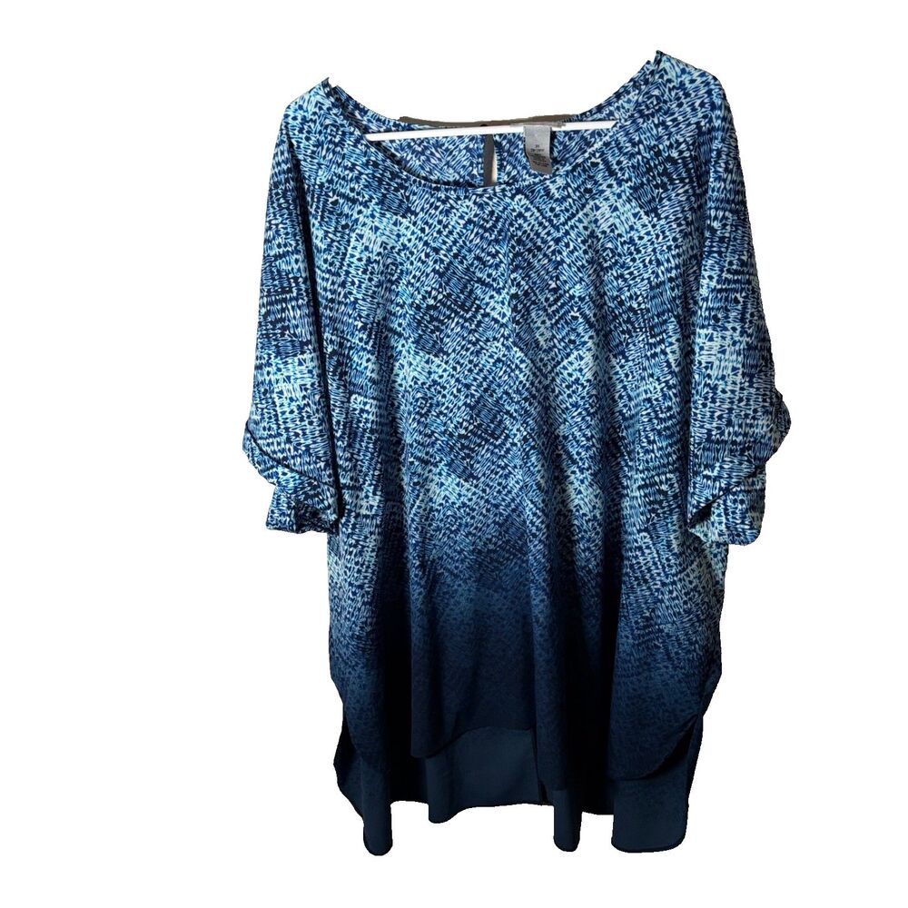 Catherines Blouse Women's 3X Blue Round Neck Short Sleeve Ombre Tunic Top